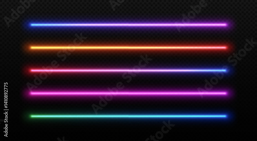 Neon led line light. Glow of laser colorful tubes. Fluorescent stripes dividers. Vector set of isolated futuristic effects on transparent background.