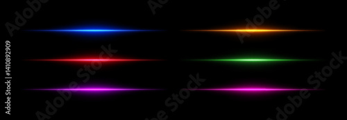 Neon line light and flare effect. Laser beam glow. Led horizontal stripes. Fluorescent vector illustration set of isolated elements on black background.