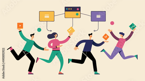 A synchronized dance with data packets moving in perfect harmony to reach their designated endpoints.. Vector illustration