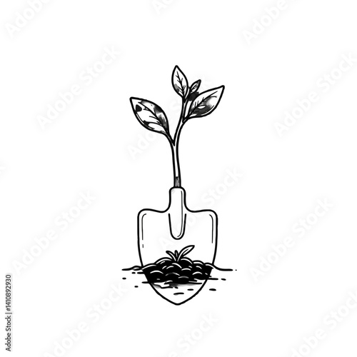 Plant growing out of a shovel, symbol of new life and growth