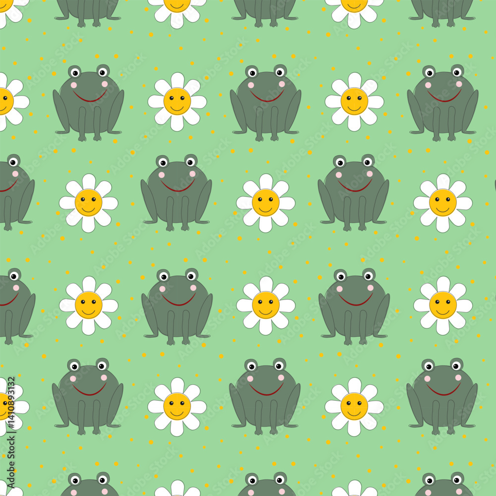 Naklejka premium Pattern with frogs and funny daisies. Funny cartoon green frogs. Amphibians and flowers. Vector illustration