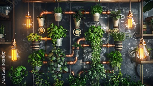 Steampunk kitchen garden copper pipes rotating gears and vintage bulbs illuminating fresh herbs