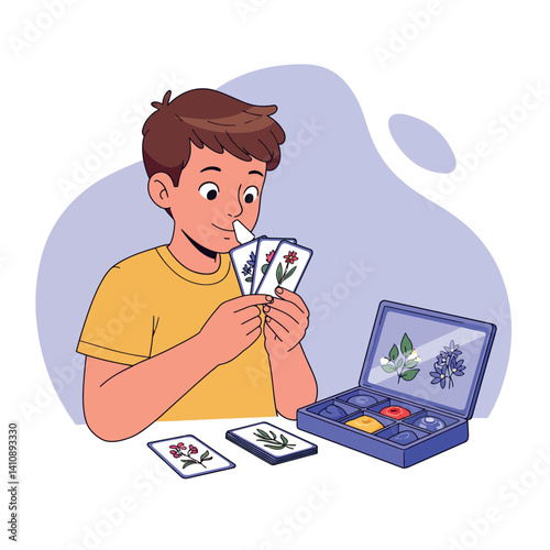 Young boy examining collectible plant cards in flat minimal style at desk with organized card case vector illustration