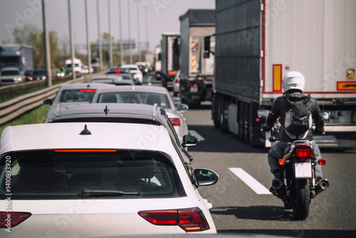 Traffic jam on highway cars trucks motorcycle