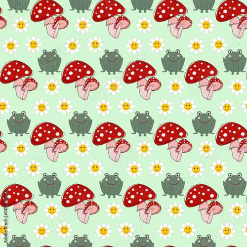 Pattern with frogs, fly agarics and daisies. Cheerful cartoon green frogs. Smiling daisies. A fly agaric with a red spotted cap. Raw forest mushroom and amphibians. Marshy area. Leaves and plants