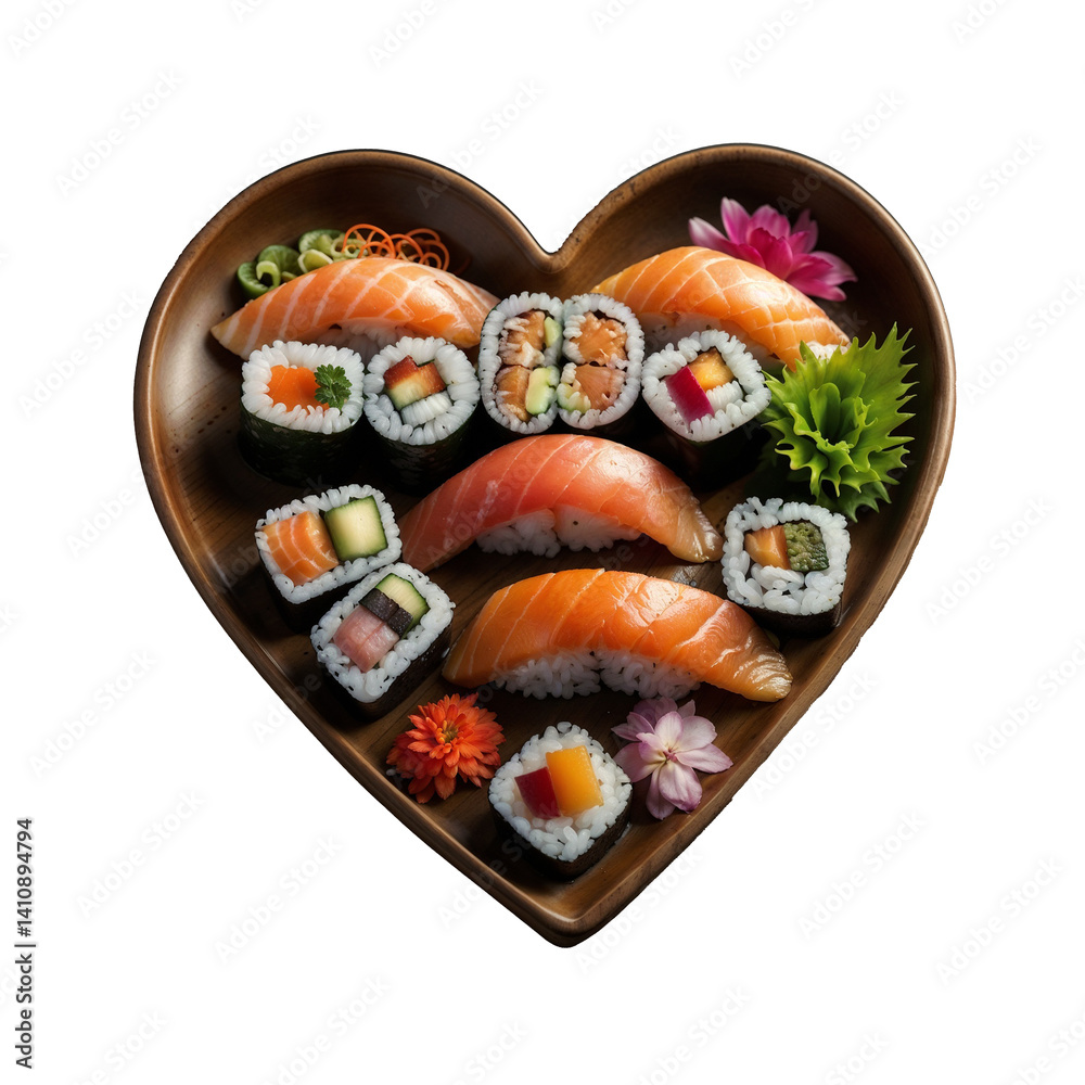 A heart-shaped platter elegantly displays assorted sushi, featuring glossy slices of salmon, tuna, and other fresh fish, each artfully placed atop perfect mounds of rice for a stunning presentation. A heart-shaped platter elegantly displays assorted sushi, featuring glossy slices of salmon, tuna, and other fresh fish, each artfully placed atop perfect mounds of rice for a stunning presentation.