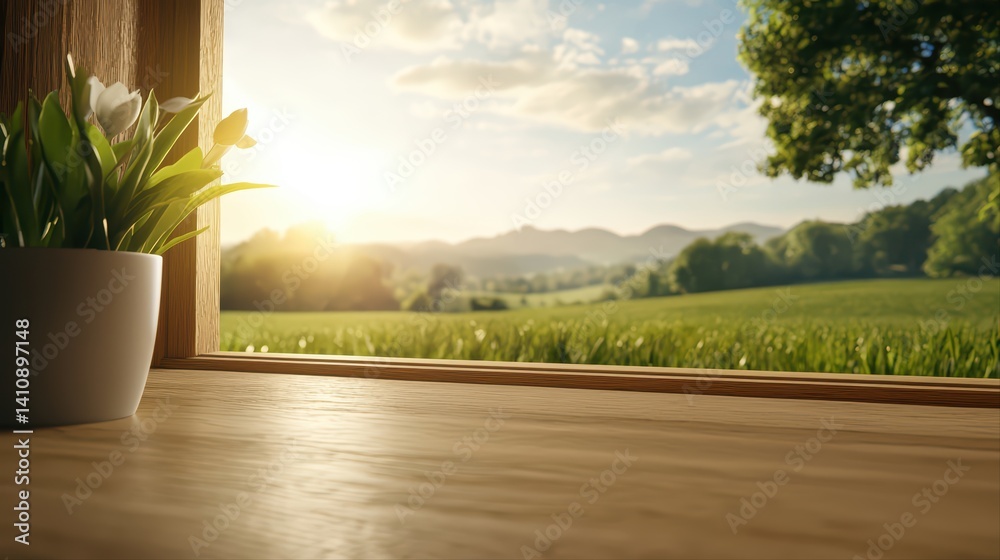 Obraz premium Serene landscape view from open window at sunrise