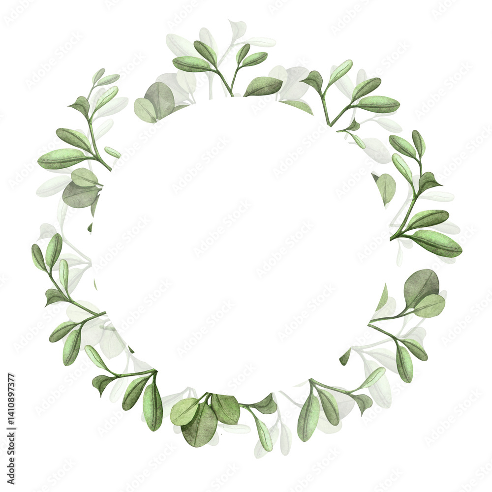 Elegant green leafy spring round frame, blueberry leaves. Romantic botanical watercolor circle wreath, white background. Ideal arrangement for wedding, christening invitations, greeting card Elegant green leafy spring round frame, blueberry leaves. Romantic botanical watercolor circle wreath, white background. Ideal arrangement for wedding, christening invitations, greeting card