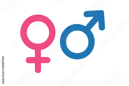 Flat style vector design featuring pink female and blue male gender symbols in contrasting colors to represent diversity, equality, and health in the context of gender studies, set against an
