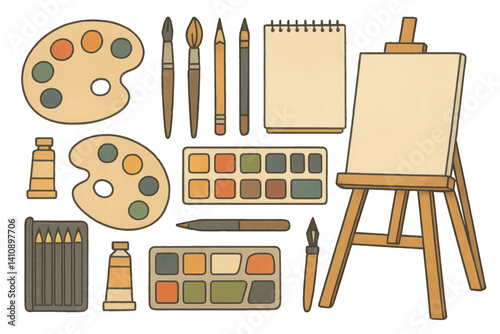 A collection of art supplies and tools is set, including paints, palettes, brushes, a pencil kit, pen, sketchbook, easel, and canvas, presented as a trendy modern vector illustration isolated on