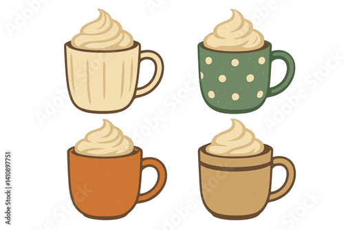 Retro vintage colors are featured in a flat vector illustration of a set of cocoa mugs with whipped cream