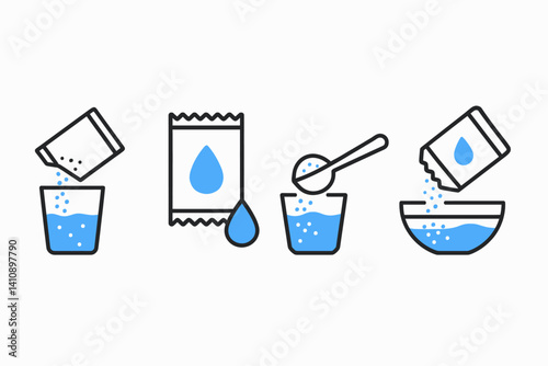 A set of icons depicting packet soluble powder is presented in black and blue hues on a white backdrop