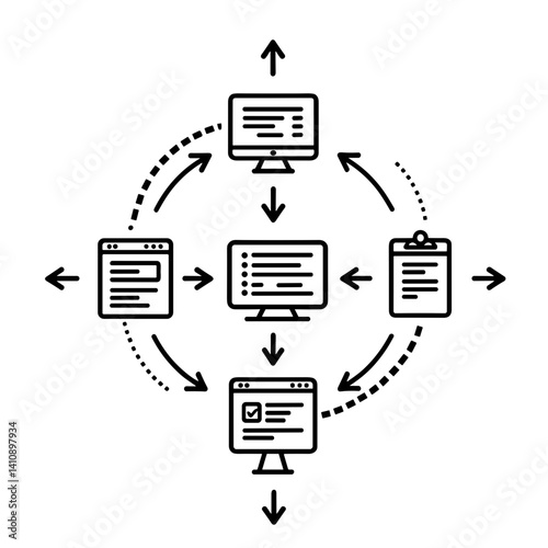 Minimalist workflow diagram icon with tasks and connecting arrows representing business or development process - concept of planning flow automation task structure