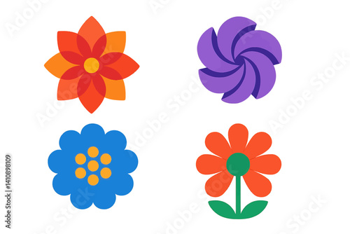 The isometric flat vector set features abstract floral icons, including geometric flowers, spiral petals, and dotted blooms, all presented in a modern and minimalist style, utilizing bold, vibrant