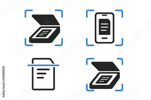 A set of document scanning icons is depicted in black and blue hues on a white backdrop