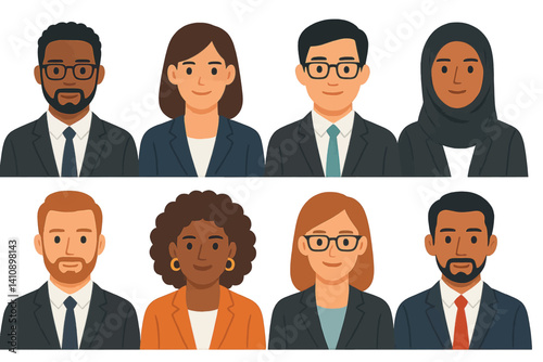 A diverse group of business professionals is depicted in a flat design style, showcasing a multi-ethnic mix of businessmen and businesswomen in a collage of colorful avatars, all presented as a