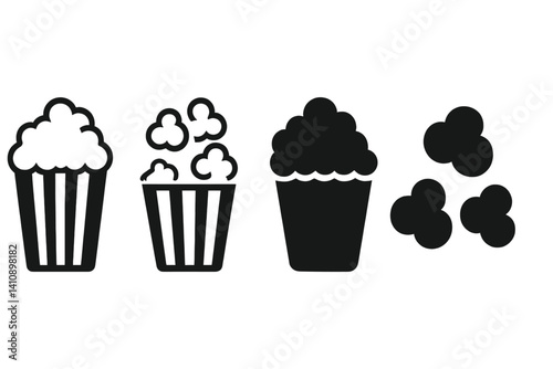 The popcorn icon set features black and white colors in a graphic vector icons pack