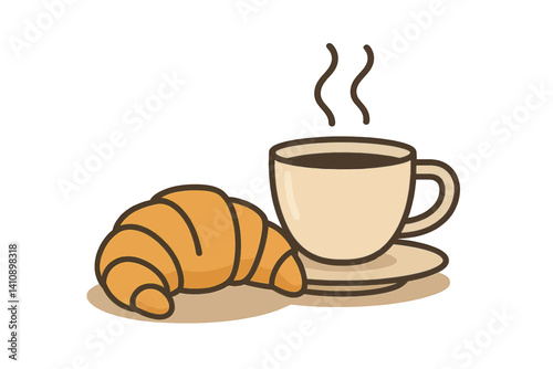 A steaming cup of coffee accompanied by a delicious croissant, presented in a minimalist flat design, illustrating a warm breakfast scene through vector graphics