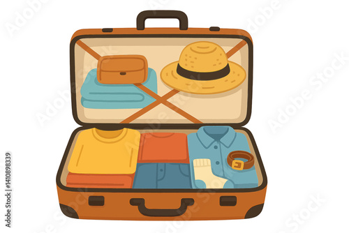 A suitcase containing clothes is depicted, along with a cartoon of an open travel bag filled with packed items, representing travel luggage with organized clothing and accessories for a road trip