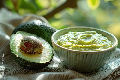 A creamy avocado face mask, green in color, offering deep hydration and nourishment to dry and tired skin, leaving it soft and revitalized