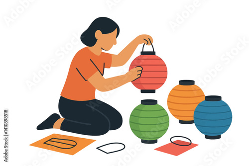 A person is creating vibrant paper lanterns in a minimalist flat vector art style