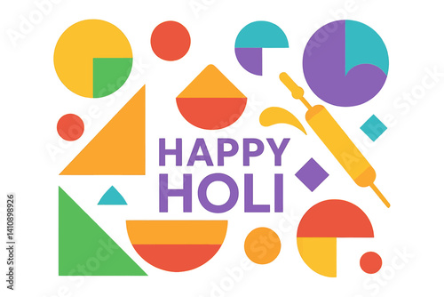 Happy Holi, as represented by a creative flat minimal trendy style colorful geometric shape vector illustration background