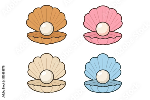 A seashell contains pearls, with various illustrations of scallop and pearl shells in different forms and colors, including a beautiful pearl in a clam shell depicted in a cartoon flat style
