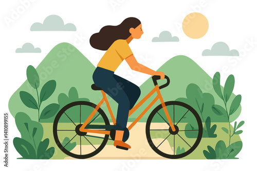 Vector illustration of a woman cycling through nature in a flat design style