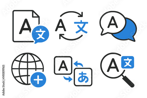 A set of translation icons is depicted in black and blue hues against a white backdrop