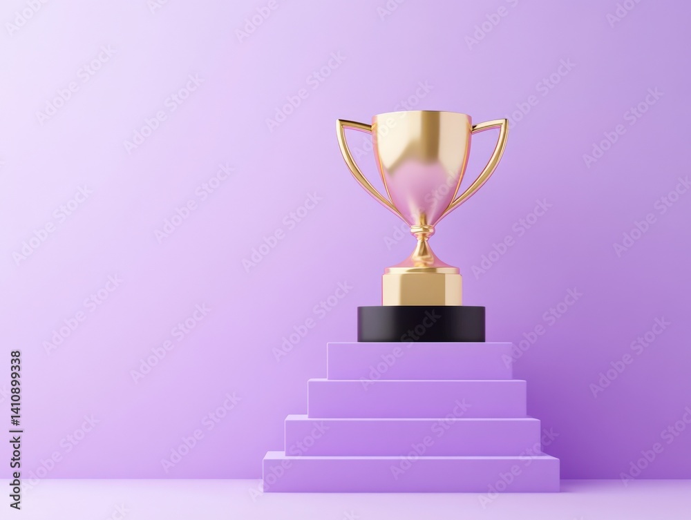 Gold trophy on purple steps Gold trophy on purple steps