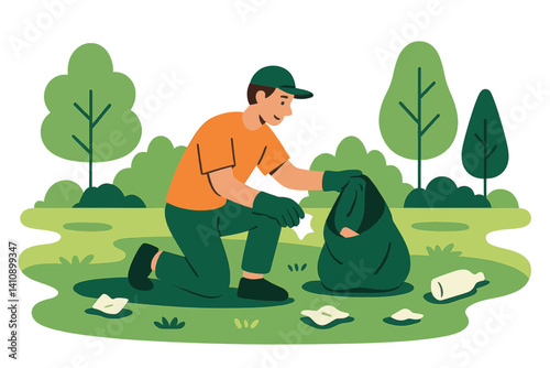Vector illustration of a person picking up trash in a park setting, created in a flat vector art style