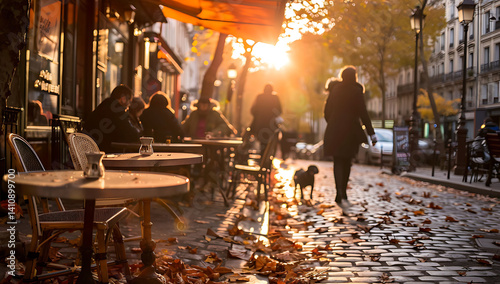 A romantic Parisian terrace with cobblestone streets, autumn leaves scattered on the ground, tables set for two under an orange sunset, and people walking past in their black coats