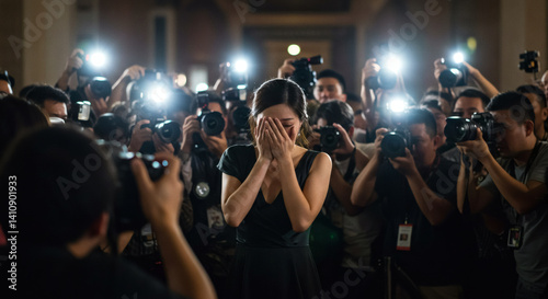 A distressed woman shields her face from a barrage of flashing cameras held by photographers.