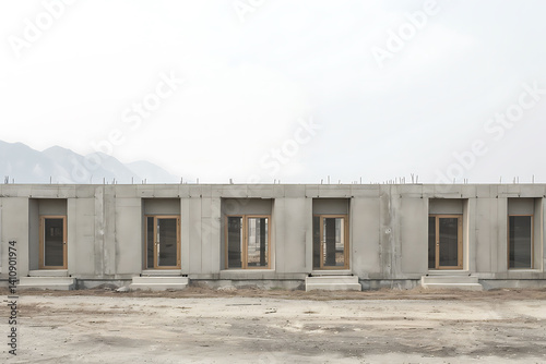 A row of small, single-story concrete houses with flat roofs and windowless walls is being built in an urban area using double-height columns on the ground floor to support them. 