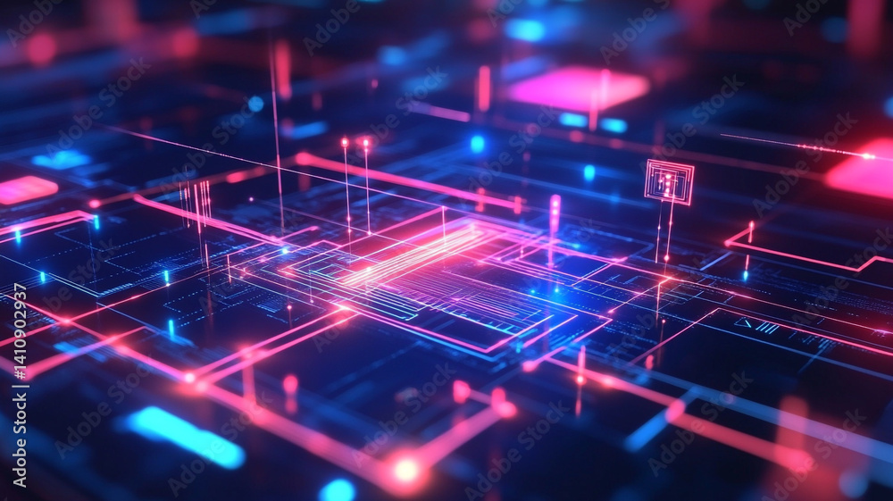 Fototapeta premium Futuristic Digital Abstract Background with Neon Lights and Circuit Patterns for Technology and Innovation Themes