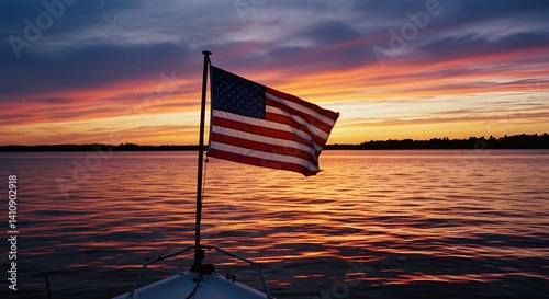 American flag on a sailboat at sunset over calm lake