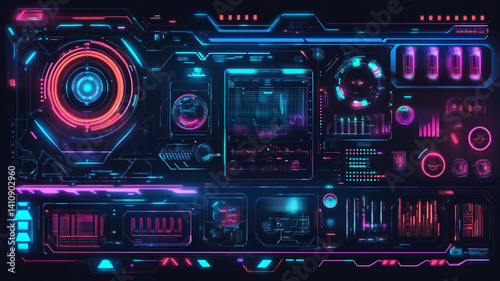 Futuristic Neon Display Panel with Interactive Digital Elements, High-Tech Graphs, and Abstract Design for Technology Inspired Visuals
