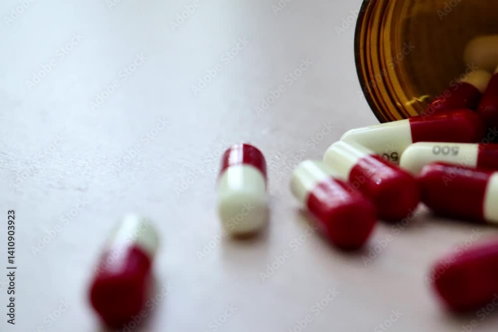 Red and yellow pill capsules scattered across a surface after spilling from a brown medicine bottle