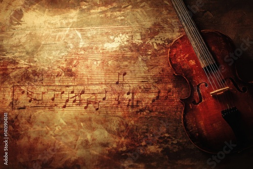 Old cello resting on background with musical notes symbolizing classical music