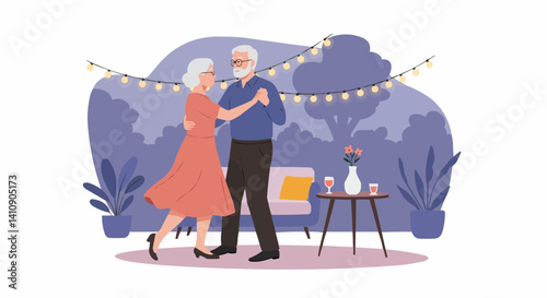 Elderly couple dancing joyfully in a garden setting   