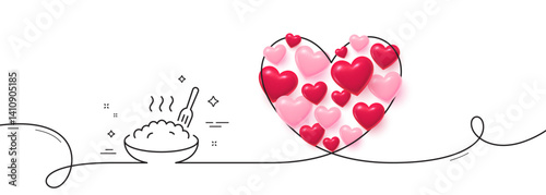 Porridge line icon. Continuous line big heart. Bowl of rice or oats sign. Millet food symbol. 3d hearts in heart shaped loop. Porridge single line ribbon. Loop curve pattern. Vector