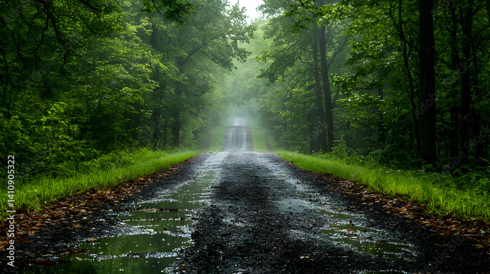 Fototapeta premium Rainy Forest Path Through Green Trees