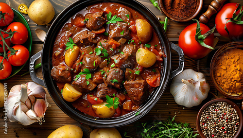 A rustic and mouthwatering top view of boeuf bourguignon, a delicious French dish featuring large meat steaks in a rich tomato sauce with potatoes, vegetables