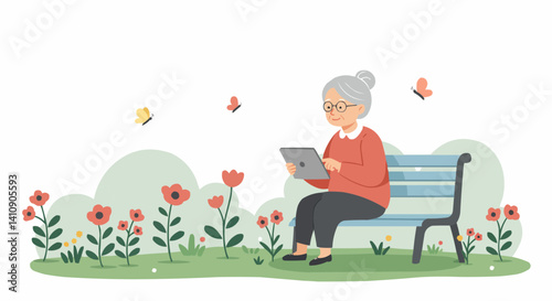 Elderly woman using a tablet in a flower garden  