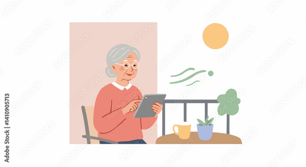 Elderly woman enjoying sunshine and reading on a tablet in a cozy setting Elderly woman enjoying sunshine and reading on a tablet in a cozy setting