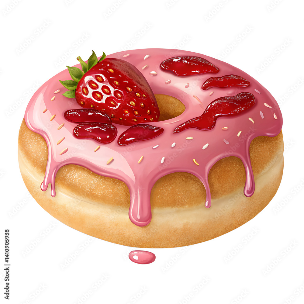 Fototapeta premium Donut in pink glaze with strawberries PNG transparent strawberry, donut, filled, jam, bakery, dessert, sweet, treat, pink, icing, fresh, soft, dough, oozing, delicious, 