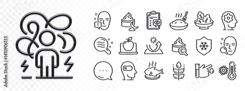 Porridge, Laptop and Difficult stress line icons for web app. Glare of light effect. Message icon. Pack of Weariness, Face attention, Night cream pictogram icons. Vector