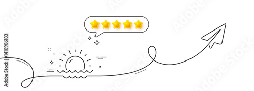 Sunny weather forecast line icon. Continuous line with share plane. Summer sun sign. Sunset with waves. Five star rate review in speech bubble. Sunset single line ribbon. Loop curve pattern. Vector