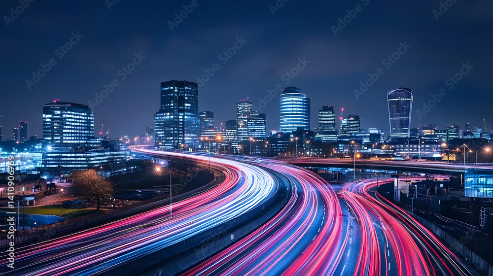 Obraz premium Night City Highway With Blurry Light Trails