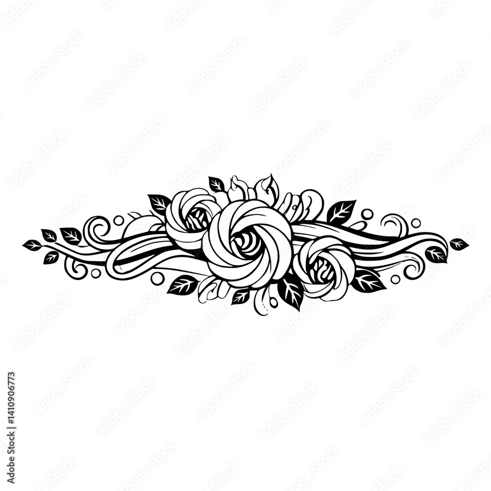 Fototapeta premium Floral Vector Design Element: Roses, Leaves, and Swirls, Monochrome.